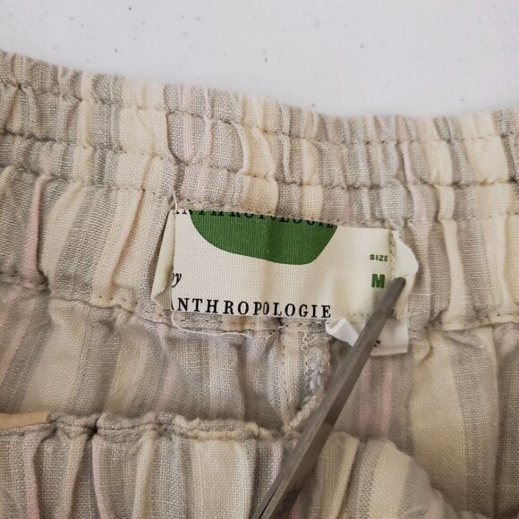 By Anthropologie Striped Linen Shorts Medium Elastic Waist Pull On Neutral - Picture 3 of 10